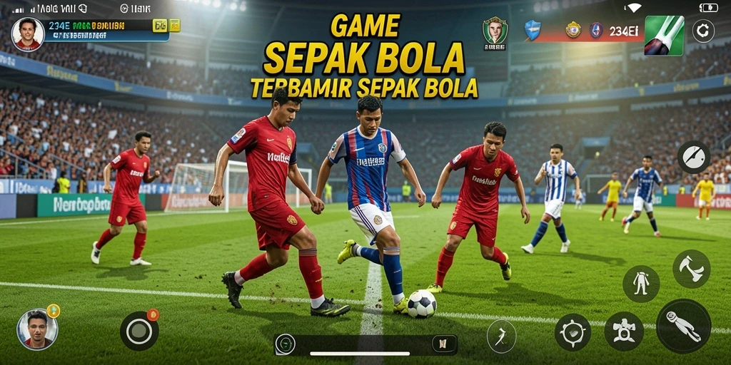 Screenshot utama 234E menampilkan aksi seru dalam game sepak bola.