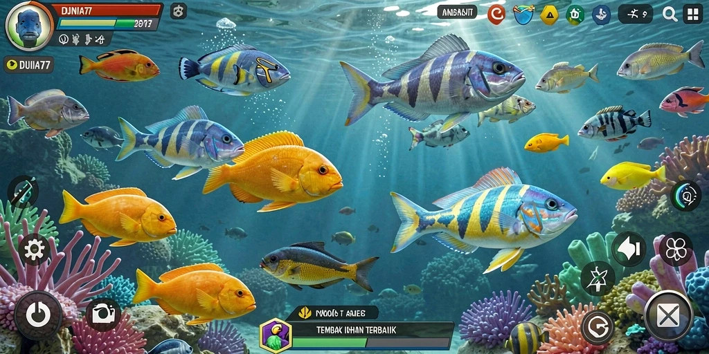 Screenshot gameplay DUNIA77 menampilkan aksi menembak ikan yang seru.