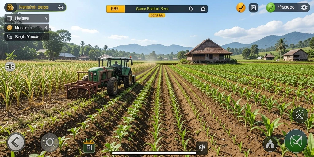 Tampilan gameplay E88 dengan berbagai tanaman dan aktivitas pertanian yang menarik.