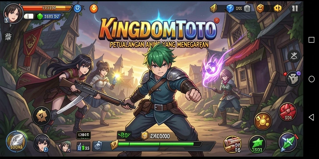 Screenshot gameplay KINGDOMTOTO menampilkan karakter anime yang dinamis dan menawan.