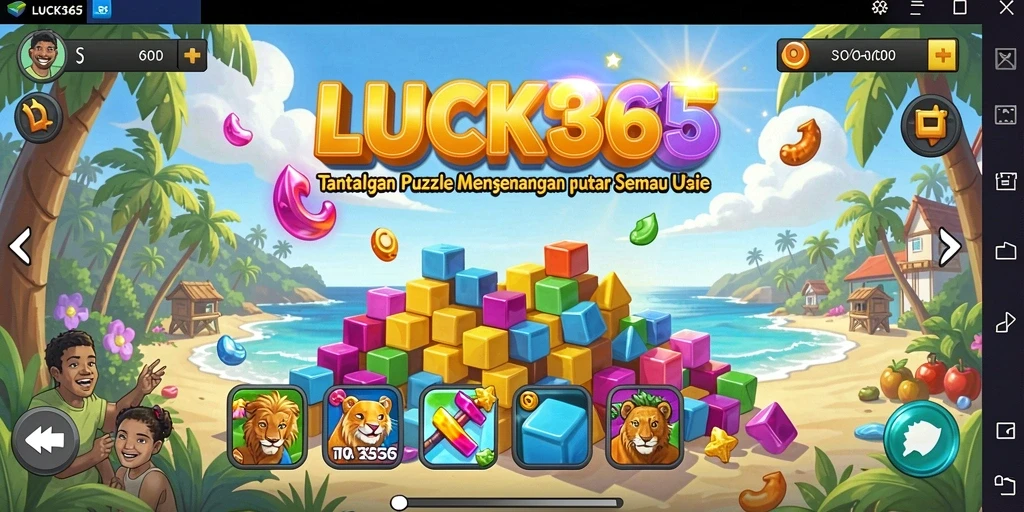 Screenshot gameplay <strong>LUCK365</strong> menampilkan tingkat tantangan puzzle yang beragam.