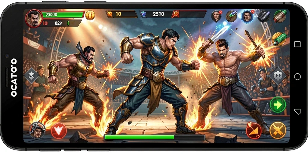 Tampilan gameplay OCATOTO yang penuh aksi bertarung.