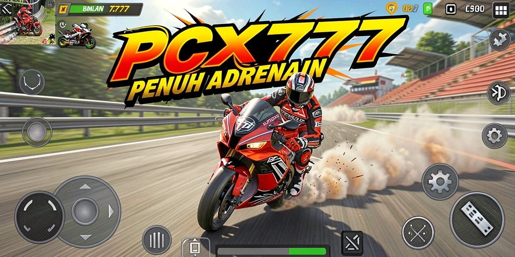 Tampilan gameplay <strong>PCX777</strong> saat balapan motor yang menegangkan.
