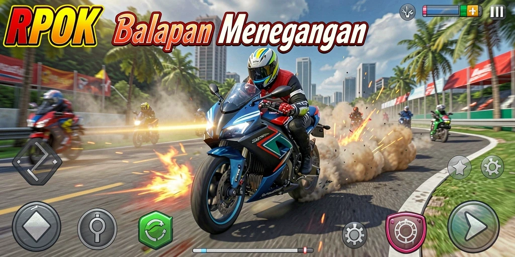 Screenshot utama RPOK menampilkan aksi balap motor yang mendebarkan.