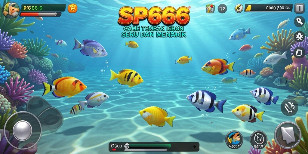Tampilan gameplay menarik dalam SP666 saat menembak berbagai ikan.