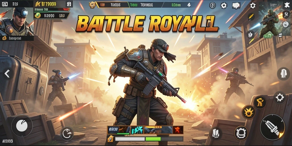 Screenshot utama T9999 menampilkan aksi seru dalam pertarungan Battle Royale.